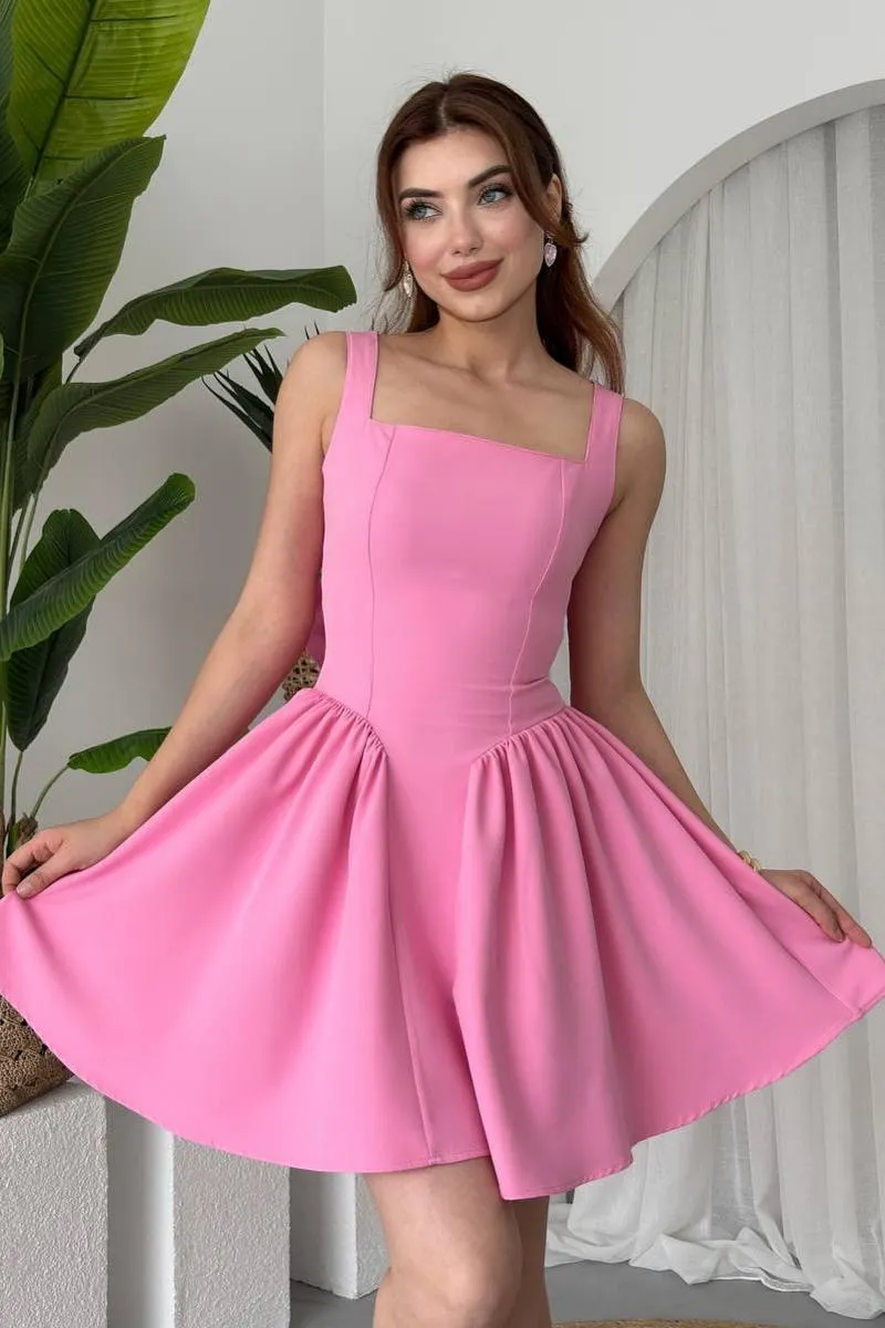Lussooy Simple Pink Satin Sleeveless Wide Shoulder Straps Short Prom Dress with Bow 