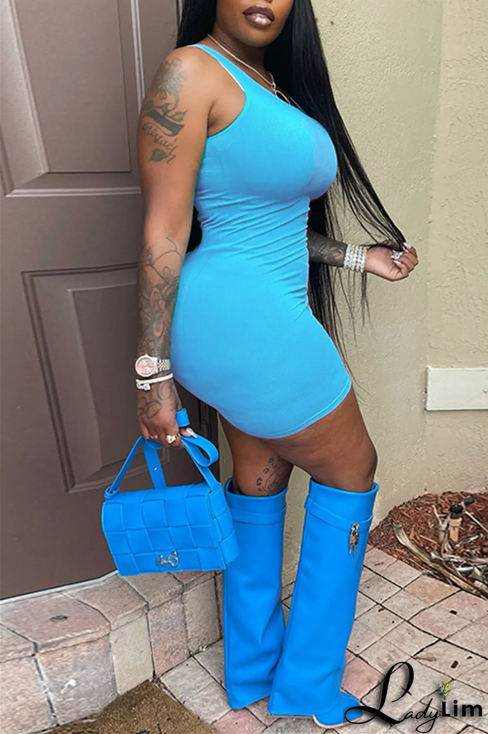 Light Blue Sexy Casual Solid Basic U Neck Vest Dress