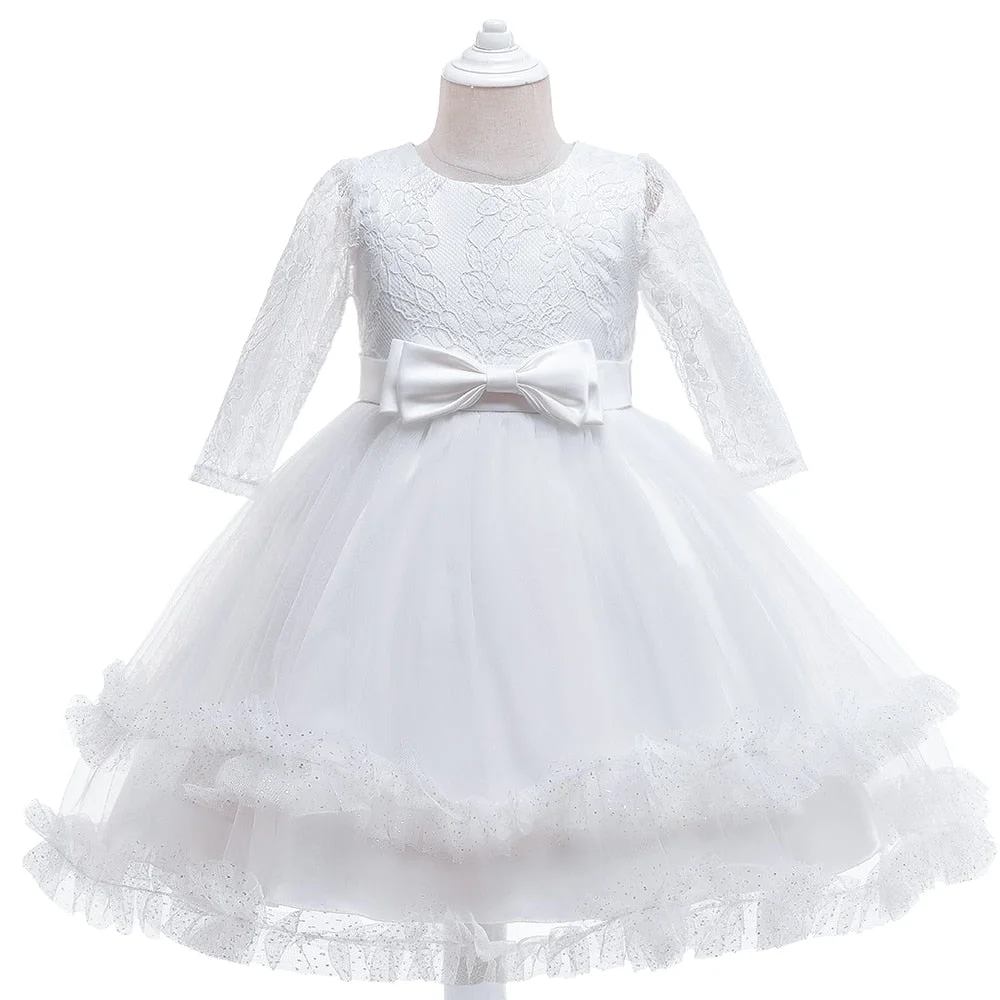 Long Sleeve White Wedding Dress Girl Baptism Party Birthday Kids Dress for Girl Pageant Children Christmas Vestidos Baby Clothes