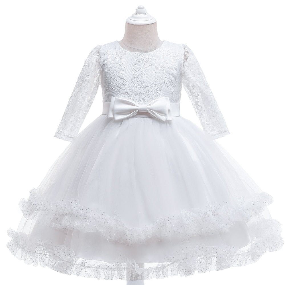 Long Sleeve White Wedding Dress Girl Baptism Party Birthday Kids Dress for Girl Pageant Children Christmas Vestidos Baby Clothes