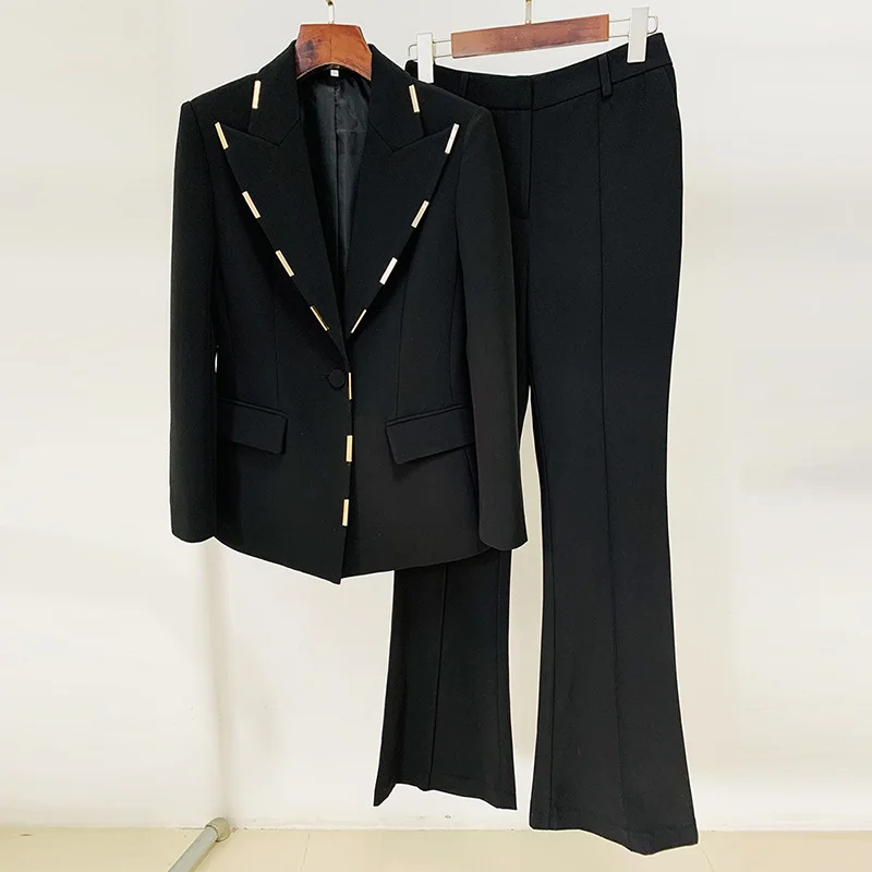 Nigikala Nigikala Fashion New Metal Block Decorated A Buckle Suit Trumpet Trouser Suit Two Sets
