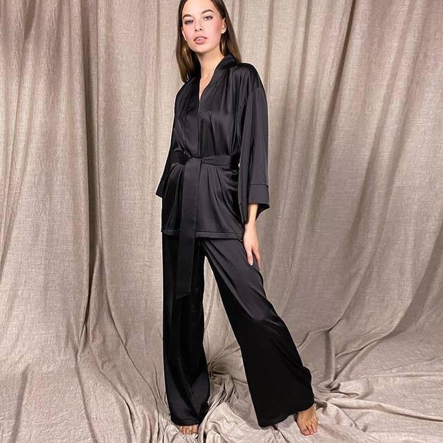 HiLoc Home Suit For Women Sleepwear Loose Flare Pants Three Quarter Sleeve Satin Robe Sets Bathrobe For Home Wear Fashion 2021