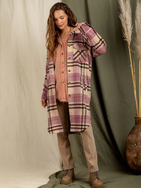 Ladies Lapel Large Pocket Long Sleeve Long Plaid Jacket Cardigan Flusfy