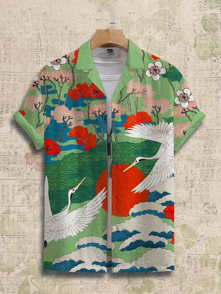 Men's Crane Wave Japanese Landscape Painting Art Print Short Sleeve Shirt