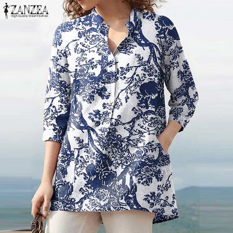 Vintage Printed Shirts Women Summer Blouses ZANZEA 2022 Casual 3/4 Sleeve Blusas Female V Neck Tunic Female Button Chemise Tops