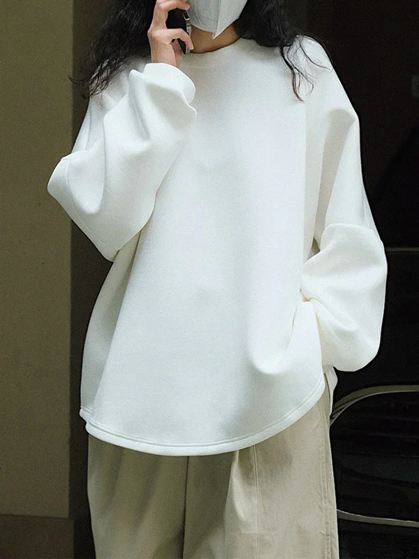 Pure Color Split-Joint Long Sleeves Roomy Round-Neck Sweatshirt Tops