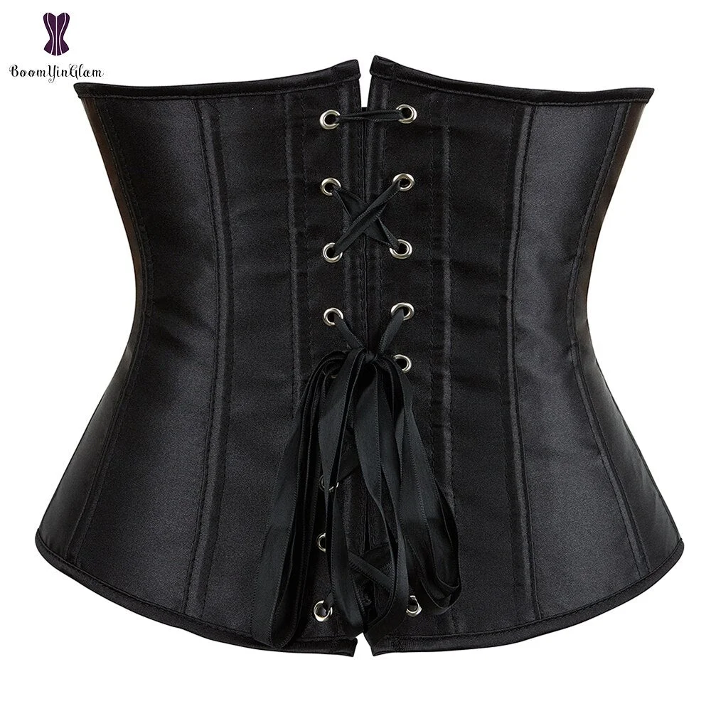 Satin Women's Slimming Outfit Clothes Waist Cincher Lace Up Boned Bustier Top Underbust Corset With G String 28335#