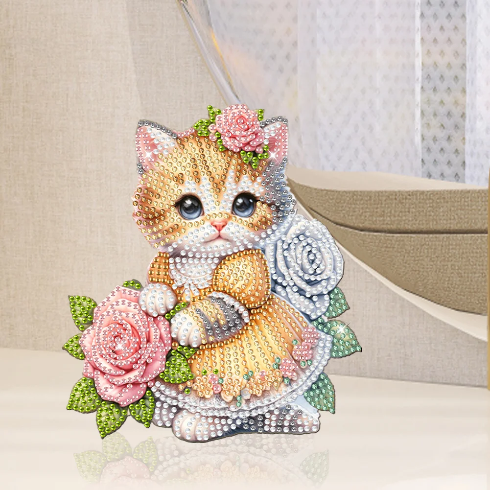 DIY Flower Cat Acrylic Shaking Head Diamond Painting Desktop Ornaments for Home Decor