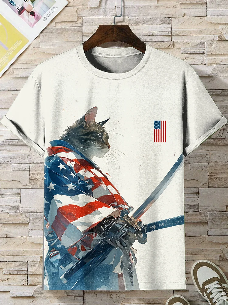 Men's Patriotic Cat Warrior Ink Painting Print T-Shirt
