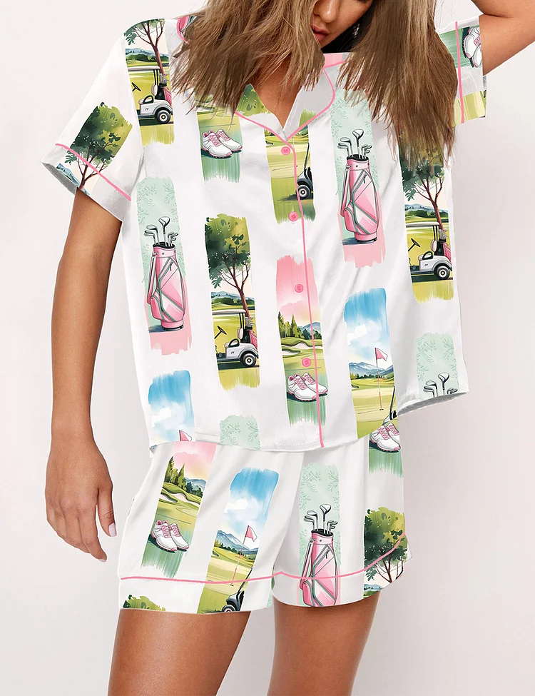 Women’s Watercolor Golf Brush Stroke Golf Lover Masters Golf Print Short Sleeve Satin Pajama Set