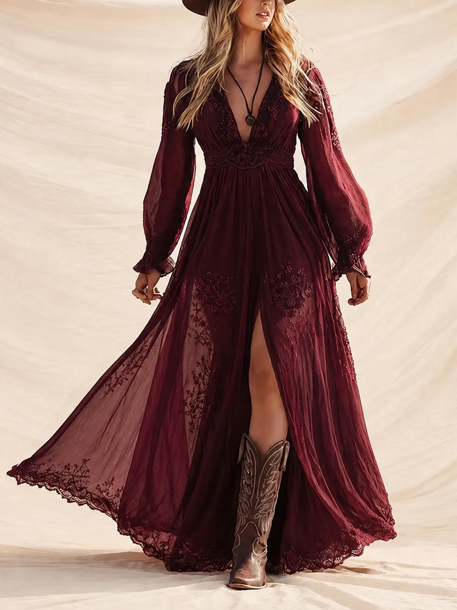Ideal For Western Wedding Or Road Trip &mdash; Burgundy Embroidered Lace V-Neck Chiffon Boho Long Sleeve Maxi Dress