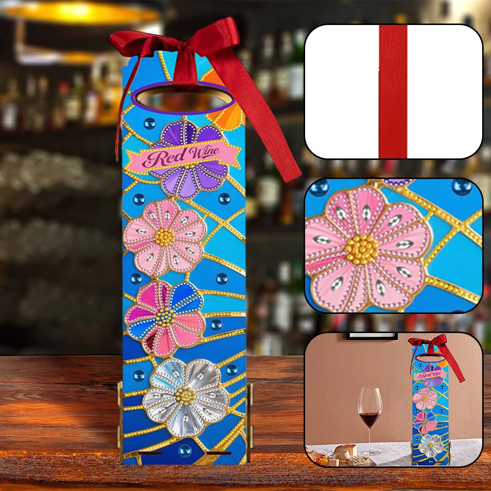 Wooden 5D/DIY Diamond Painting Art Wine Bag Kit for Party Wine Decor (Flowers)