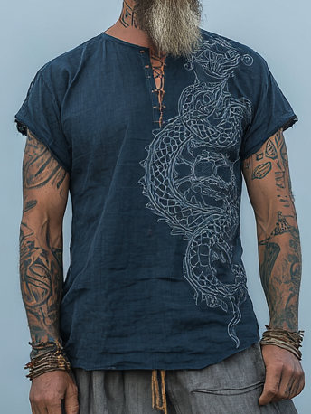 Men's Vintage Viking Distressed Linen Shirt – Dragon & Rune Design / Rvogue / Rvogue