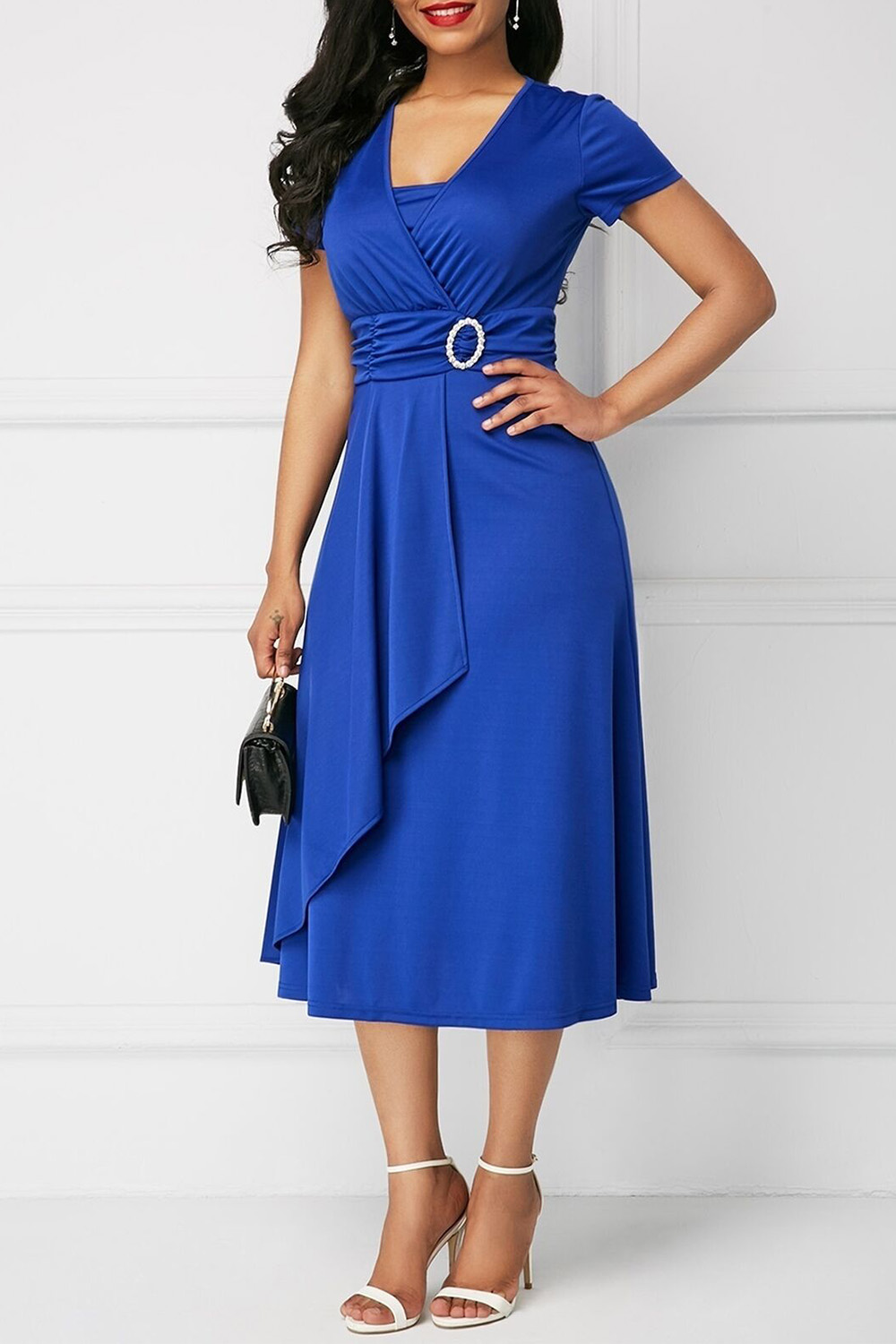 Plus Size Formal Blue V Neck Irregular Hem Tunic Midi Dress 2024 - Flycurvy 