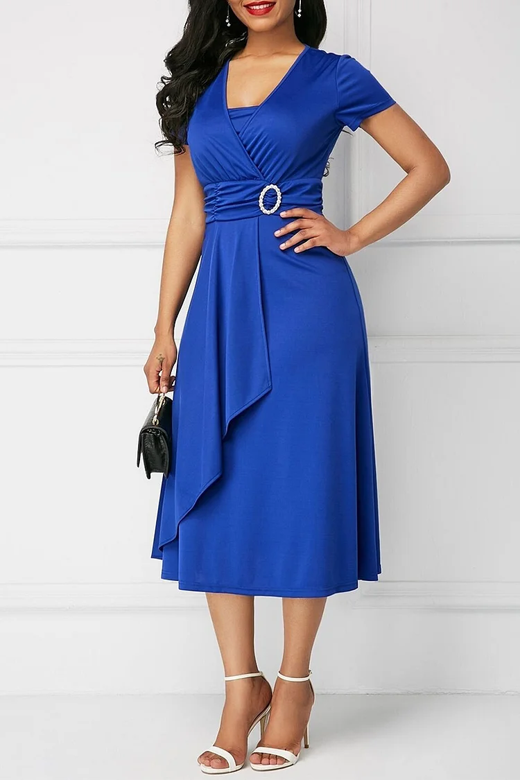 Plus Size Formal Blue V Neck Irregular Hem Tunic Midi Dress  Flycurvy [product_label]