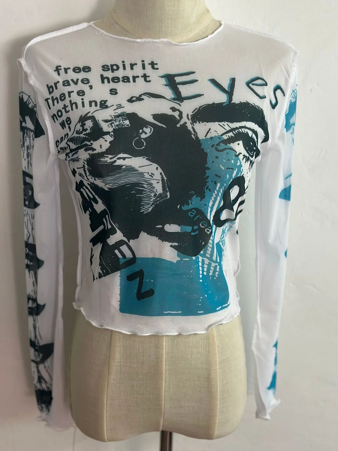 Uveng Spring 2024 New Round Collar Collar Long-Sleeved Mesh Printing Umbilical Casual Women's Top