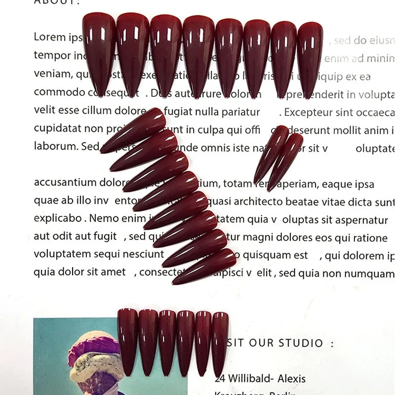 24pcs/Set Extra Long Stiletto Fake Nails Simple Wine Red Full Nail  Decoration Art Tips with Glue Artificial  Press on Nails-Nail Inspo