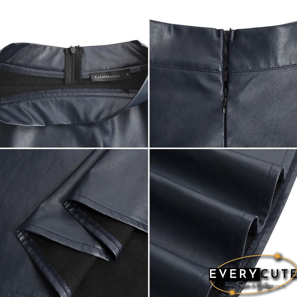 S- Women Faux Leather Vintage Maxi Long Skirts High Waist Pleated Big Swing Skirt Dress