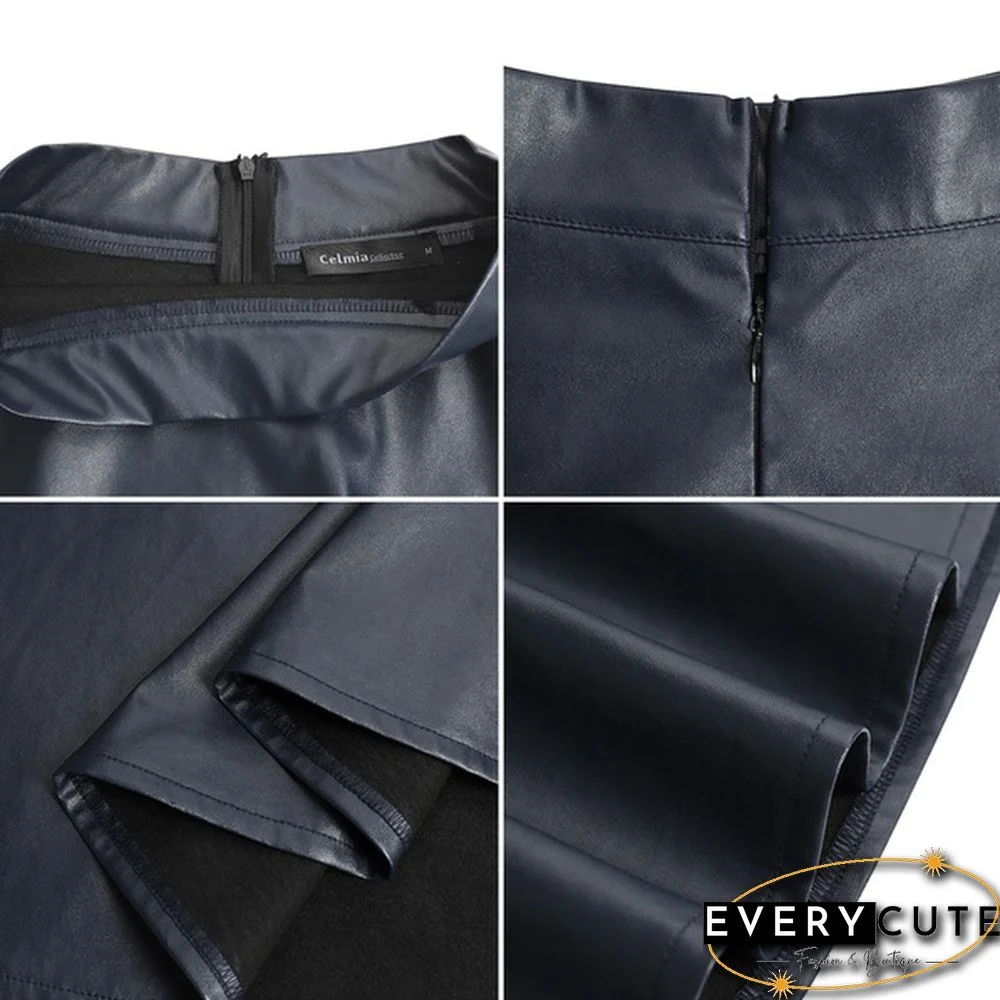 S- Women Faux Leather Vintage Maxi Long Skirts High Waist Pleated Big Swing Skirt Dress