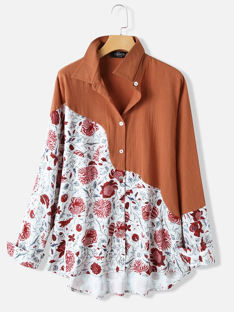 Lapel Floral Print Patchwork Long Sleeve Shirt For Women P1638082