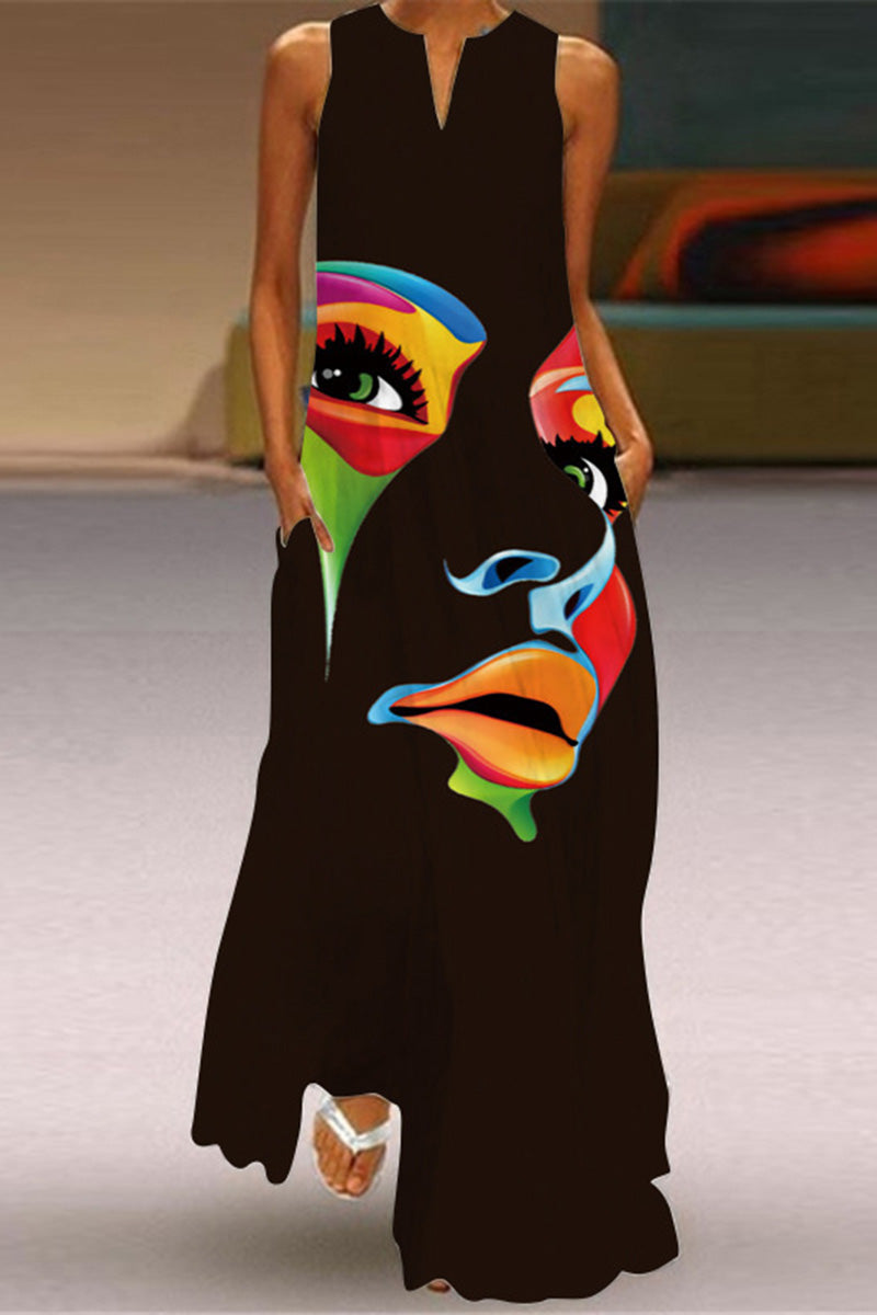 Plus Size Graphic Print Sleeveless V Neck Off The Shoulder With Pockets African Maxi Dress