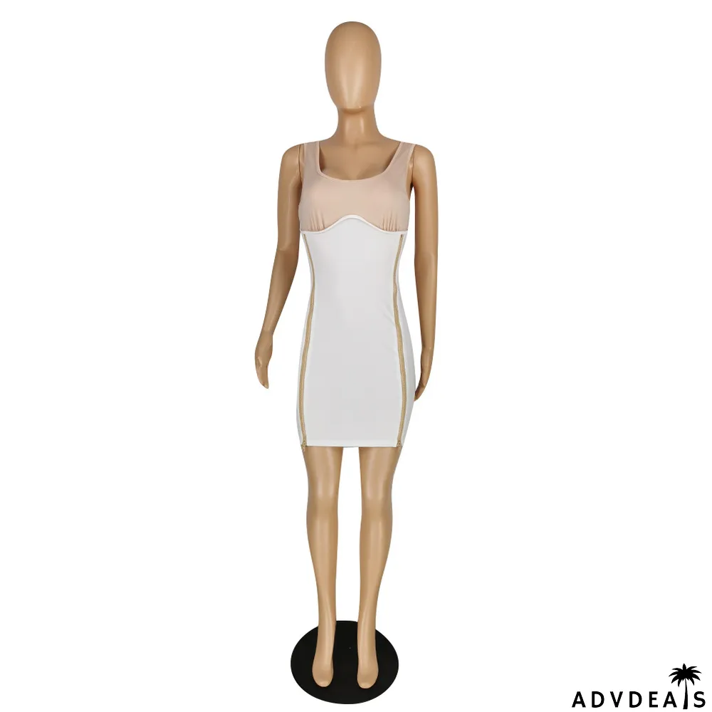 Women Summer High Stretch Zip Slit Sleeveless Dress