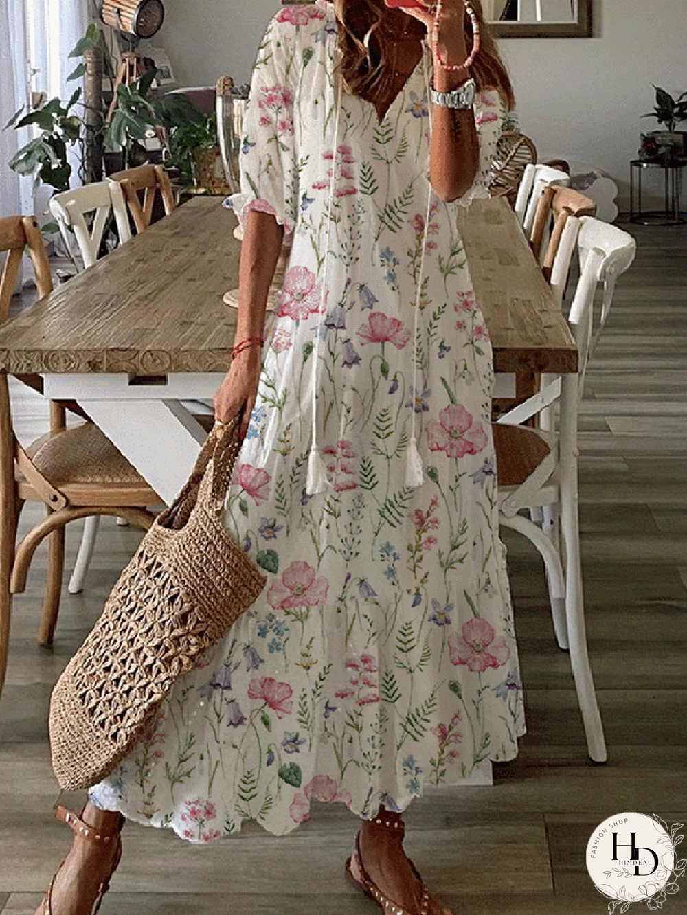 Casual Floral Half Sleeve V Neck Plus Size Printed Dress