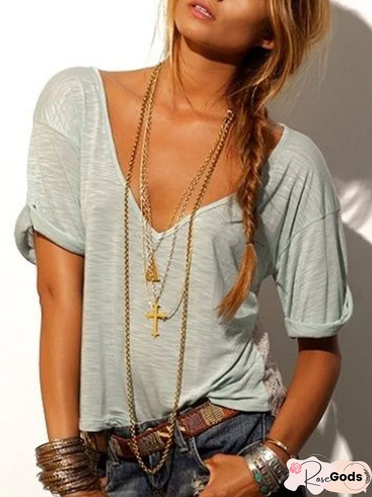 Casual Solid V Neck Top