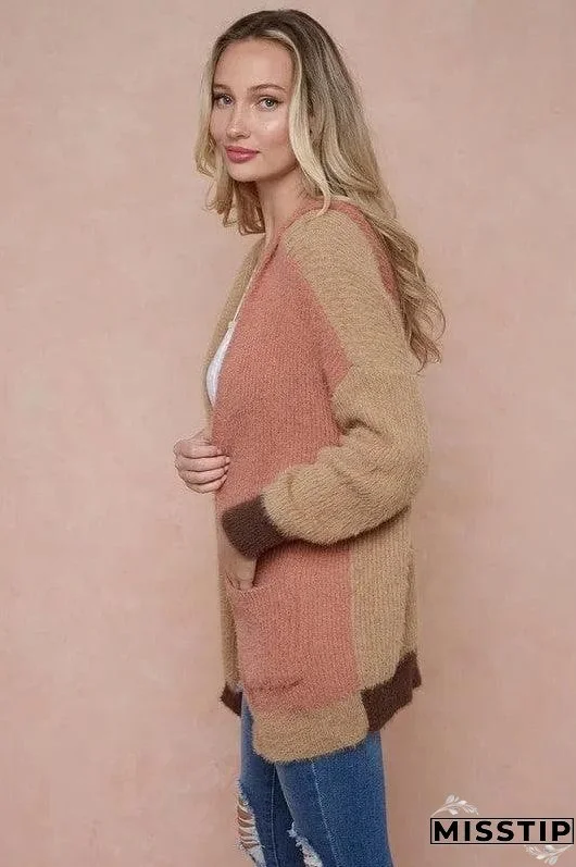 Sweater Hooded Open Front Long Sleeve Cardigan - Rose Camel and Brown