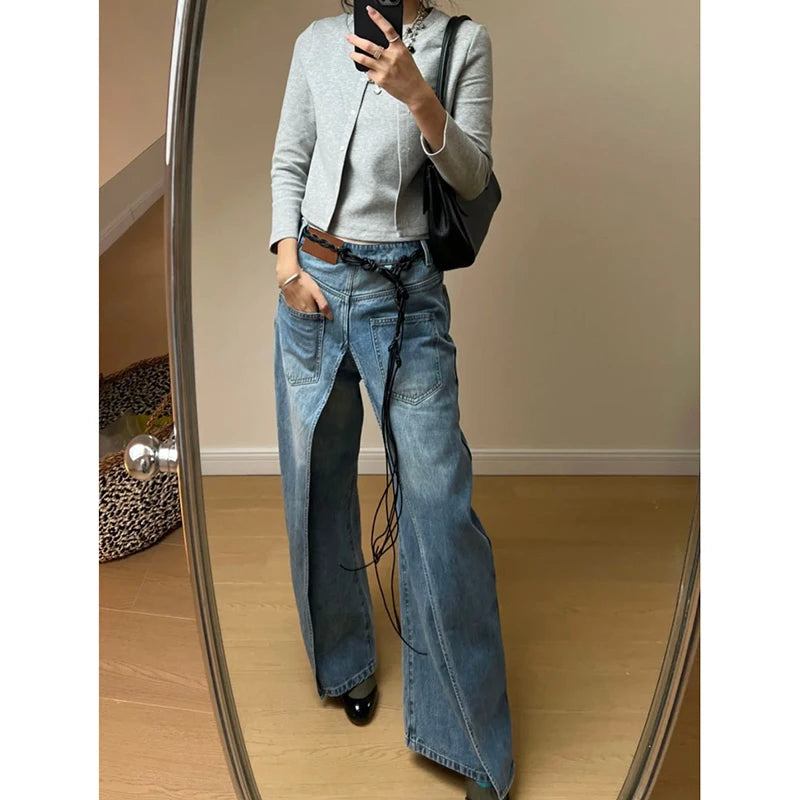 Aiertu Women's Retro Wide Leg Baggy Casual Denim Trouser Harajuku Vintage High Waist Loose Jeans 2024 Spring Fashion Blue Pants Aiertu