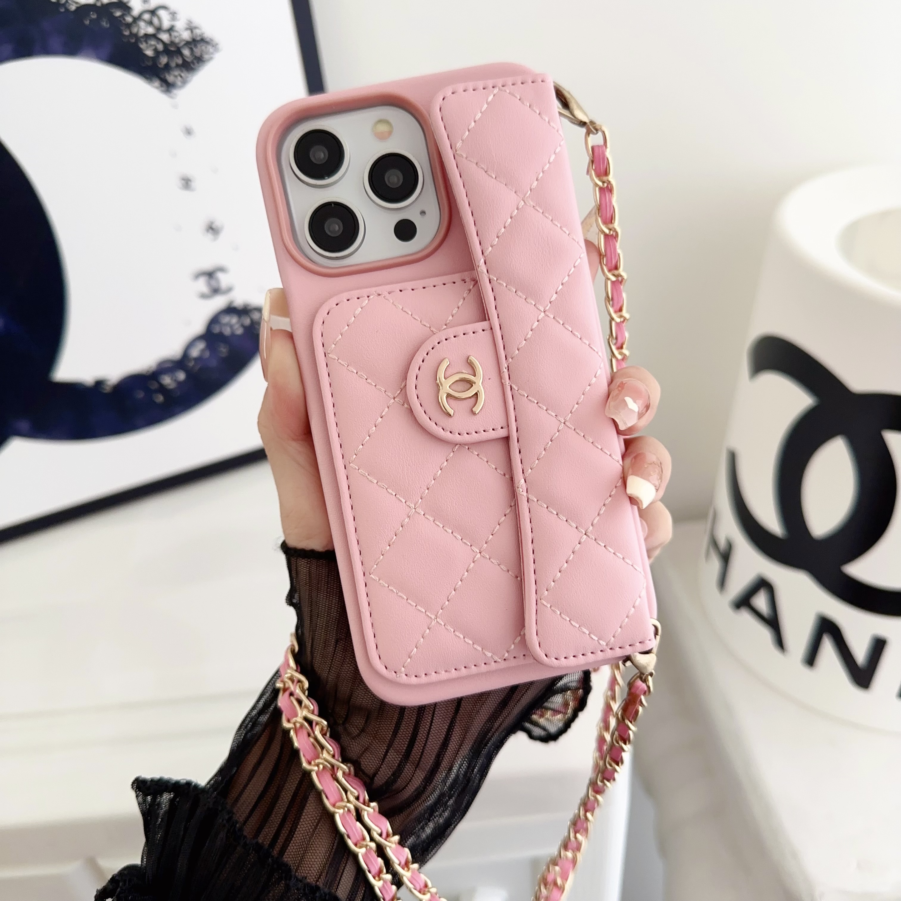 Chanel Official Hand Chain Cardholder Leather iPhone Case Crossbody Cord