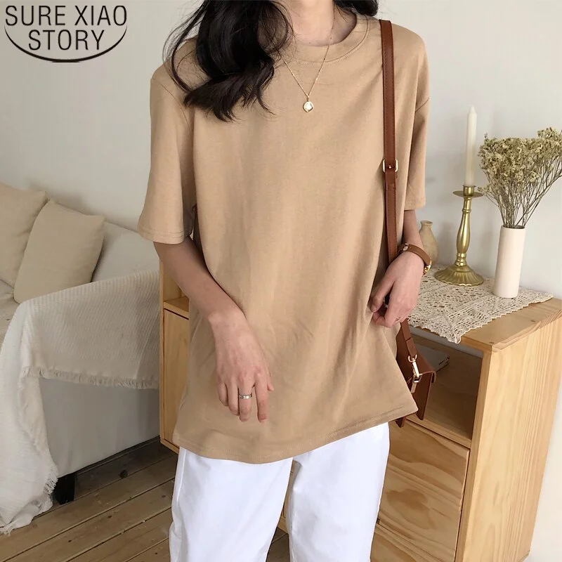 fashion woman t-shirts 2021 Summer New T-shirt Soft Free Loose Hot Sale Solid Fresh Women Natural Short Basic Shirt 9702