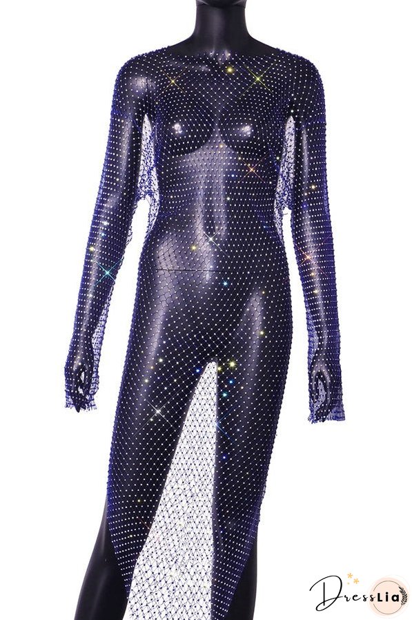 Best Layering Items Diamond Mesh Wide Neck Long Sleeve Slit Cover-up Maxi Dress