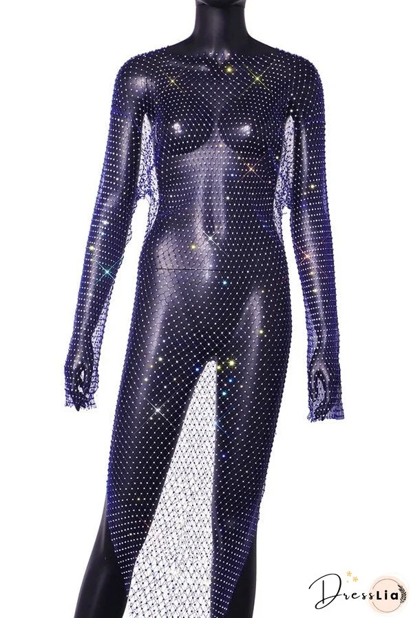 Best Layering Items Diamond Mesh Wide Neck Long Sleeve Slit Cover-up Maxi Dress