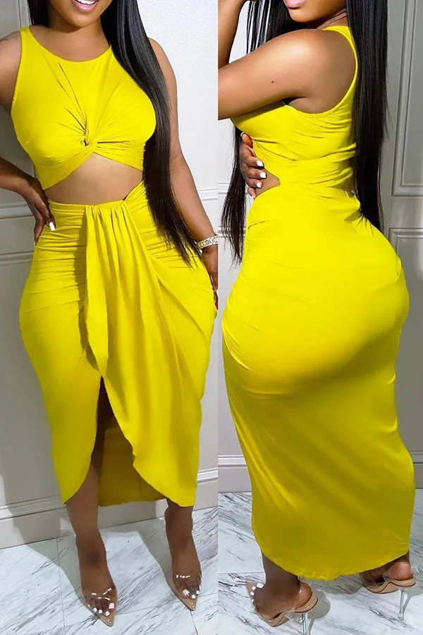 Solid Color Party Twisted Cutout Irregular Split Midi Dress