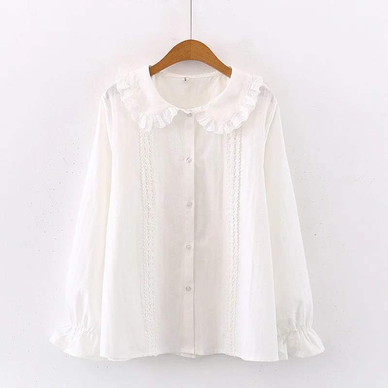 2021 Spring New Women Peter Pan Collar Cotton White Shirt With Tie Long Sleeve Lace Blouse Autumn Solid Sweet Cute Girls Tops T0