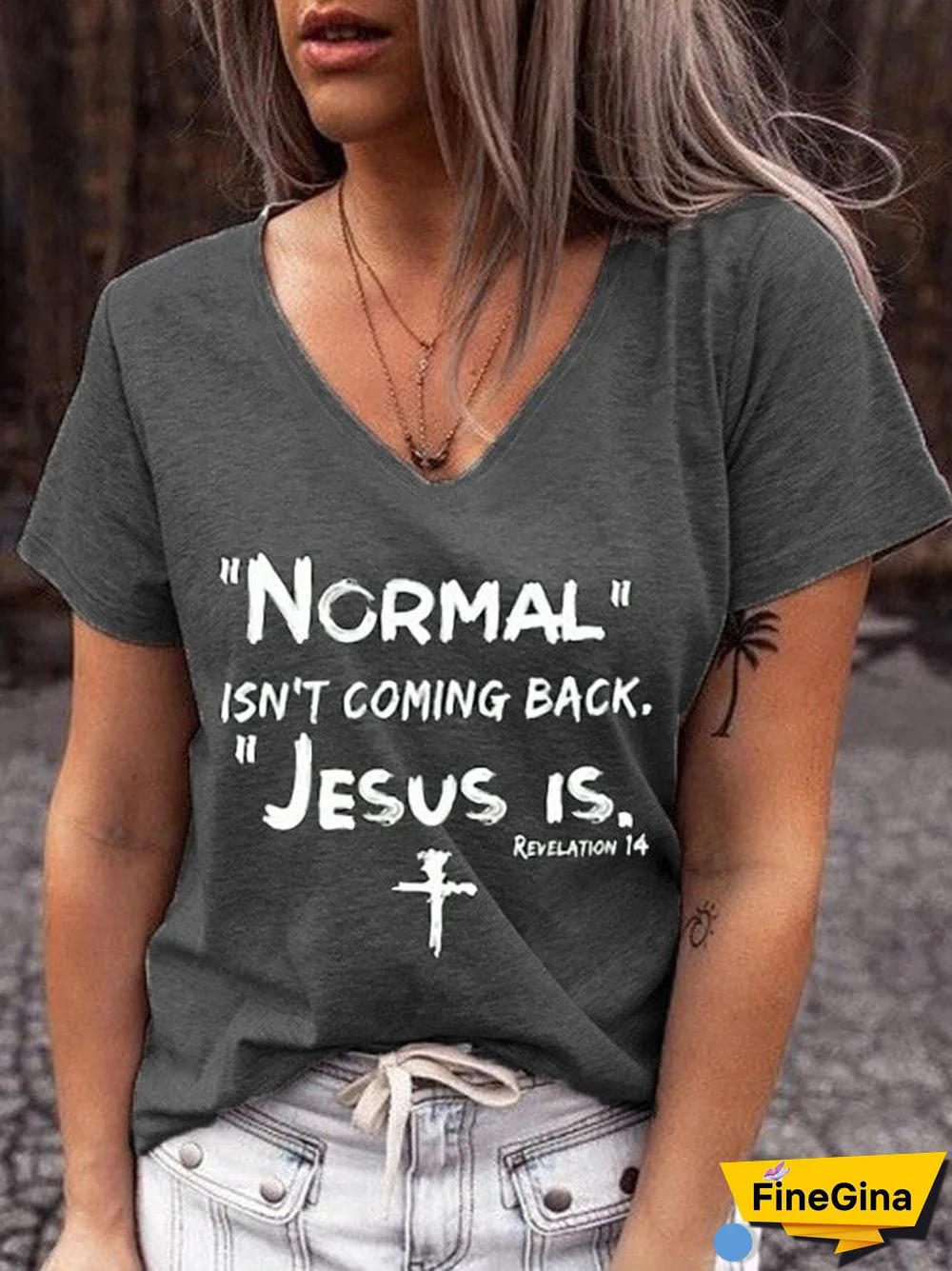 Women's NORMAL ISN'T COMING BACK JESUS IS cross print V-neck T-shirt