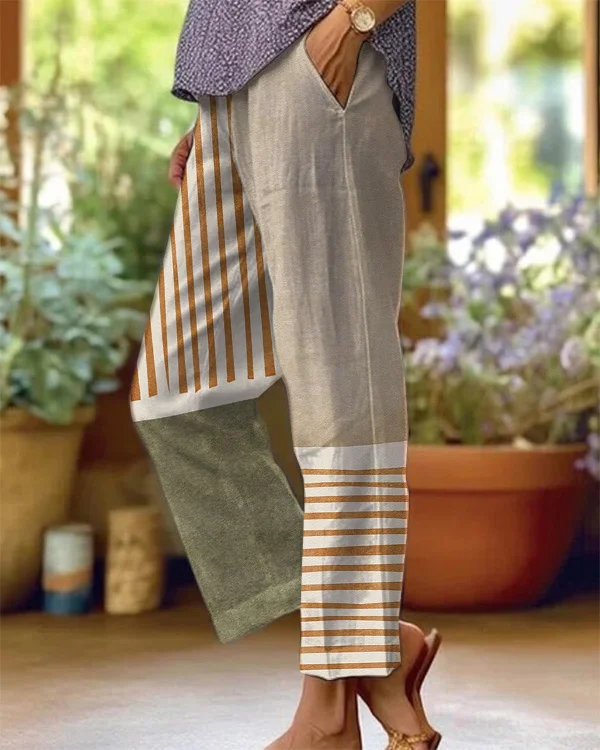 Vintage Abstract Fresh Color Stripes Geometric Art Print Loose Cotton and Linen Casual Pants