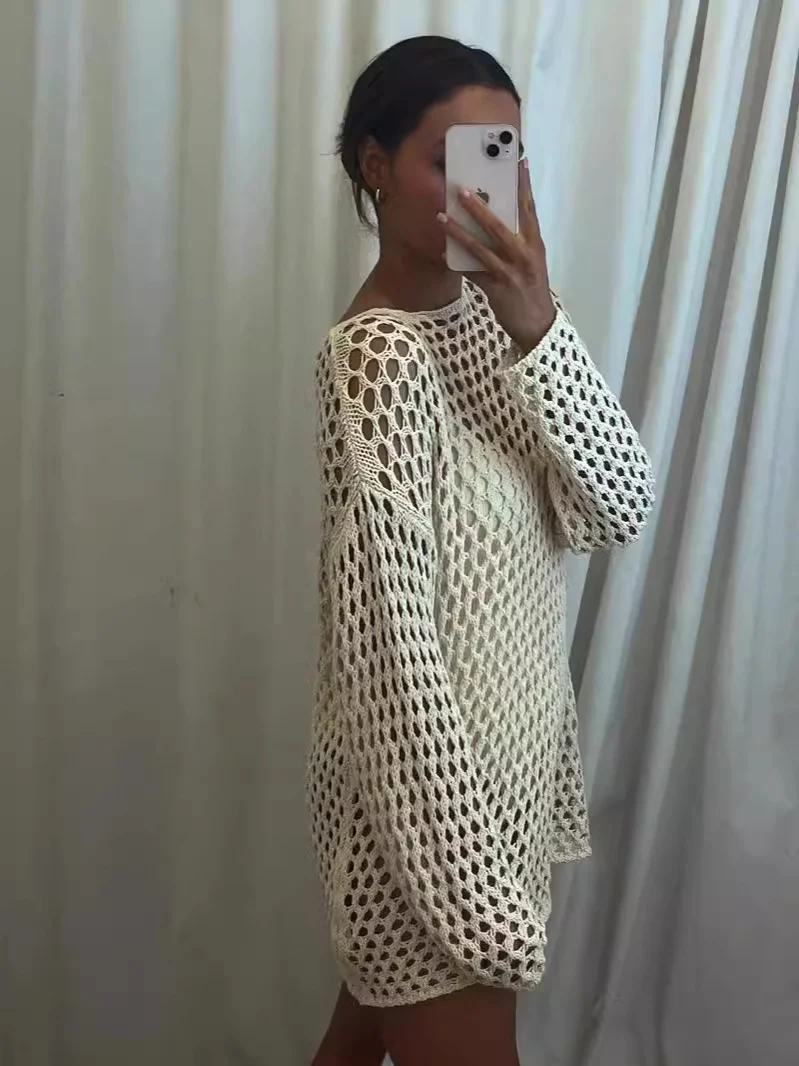 Uveng Uveng Hollow Beach Knitted Shirt Summer Seaside Vacation Long-Sleeved Sunscreen Cover