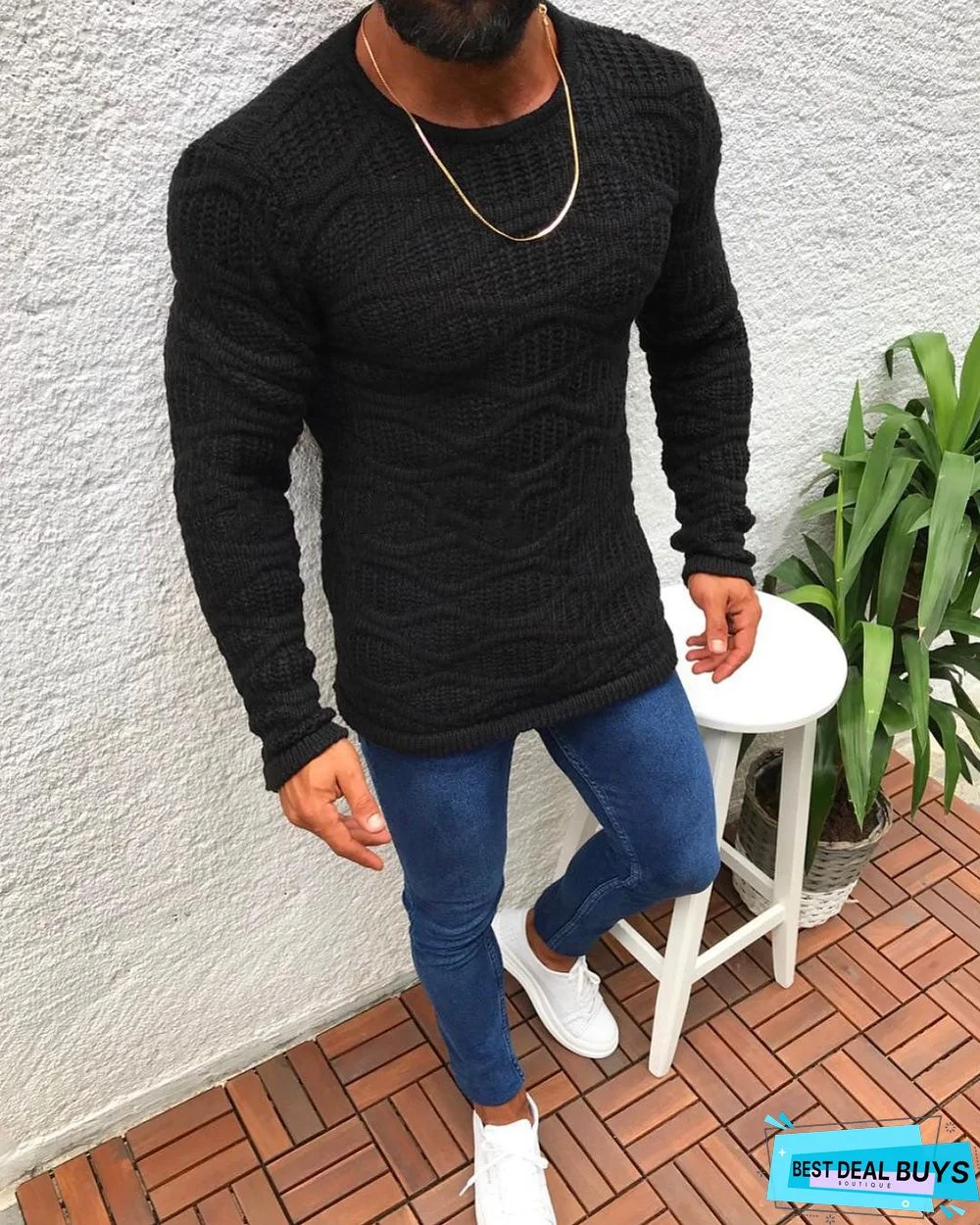 Slim Fitting Long Sleeve Round Neck Pullover Sweater Male