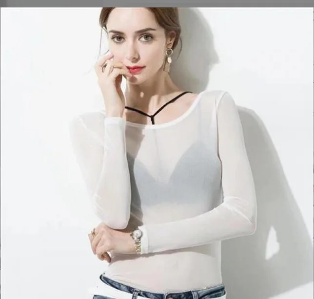 Athvotar Athvotar Spring And Autumn Black All Transparent Mesh Yarn Bottom Shirt Female Long Sleeve Sexy Perspective Thin Net Shirt Super Elastic Gauze Clothes