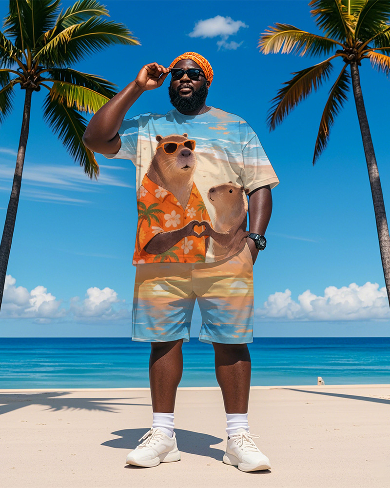 Men's Plus Size Hawaiian Orange Capybara Love Print Short Sleeve T-Shirt Shorts Suit