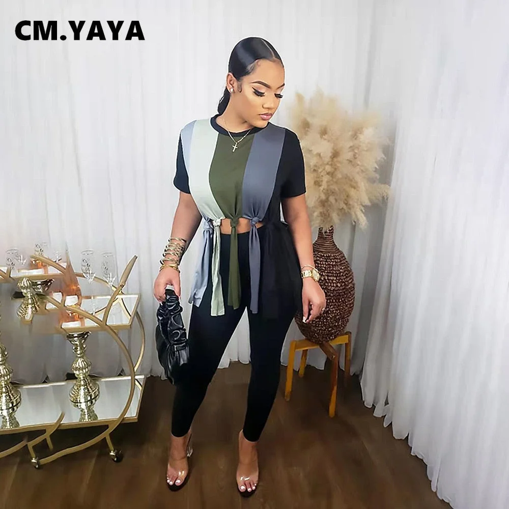 CM.YAYA Streetwear Women Set Rainbow Striped Short Sleeve Tee and Pants Suit Sweatsuit Tracksuit Two Piece Set Fitness Outfit