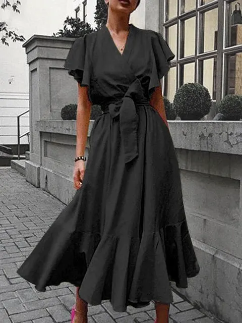Women's Dresses Solid V-Neck Lace-Up Ruffle Dress