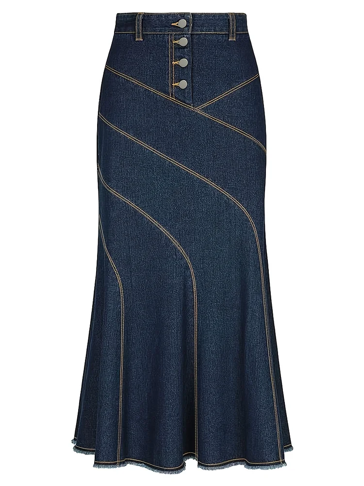 High Rise Dark Washed Blue Maxi Denim Skirt, Women's Denim Jeans & Clothing, Plain Flare