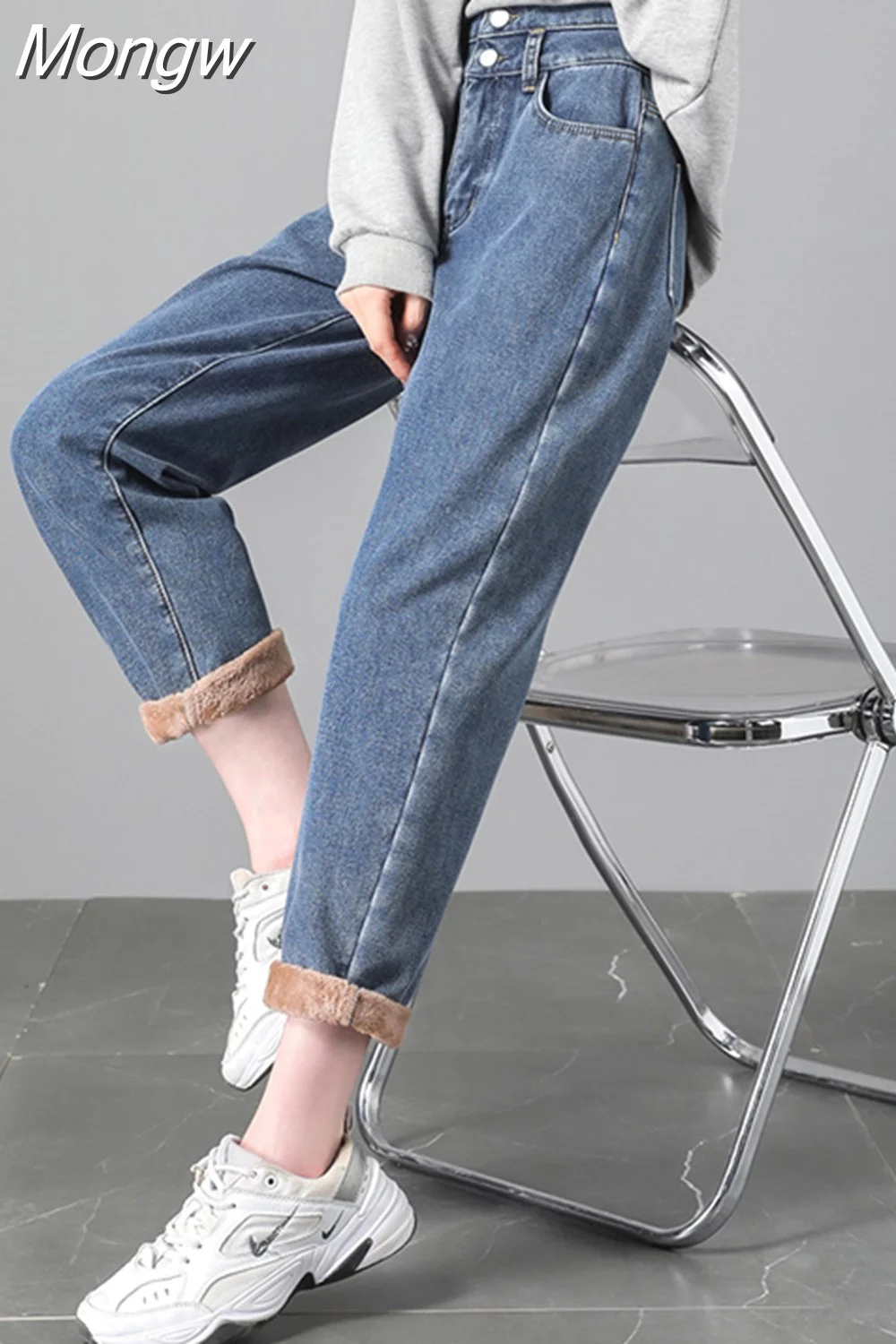 Mongw WinterJeans For Women Velvet Thick Warm Denim Pants High Waist Fleece Mom Jean Baggy Vintage Wide Leg Harem Denim Pant