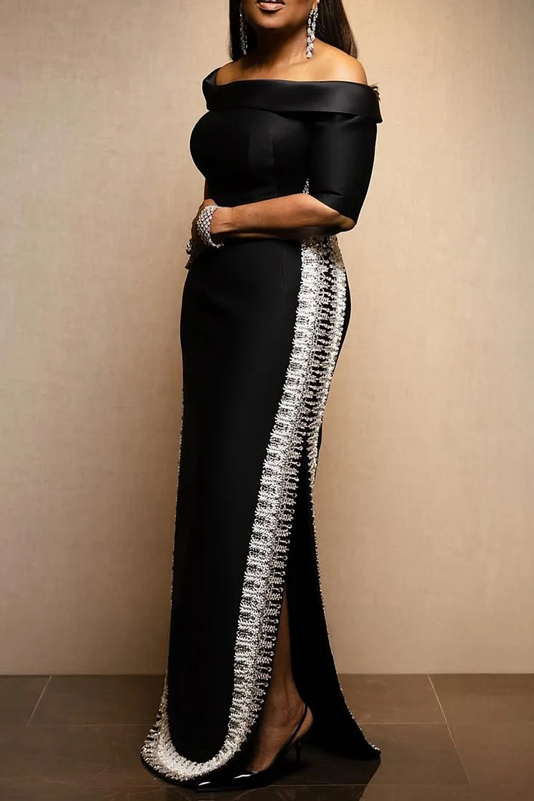 Plus Size Formal Black Elegant Off The Shoulder Short Sleeve Split Satin Maxi Dresses [Pre-Order]