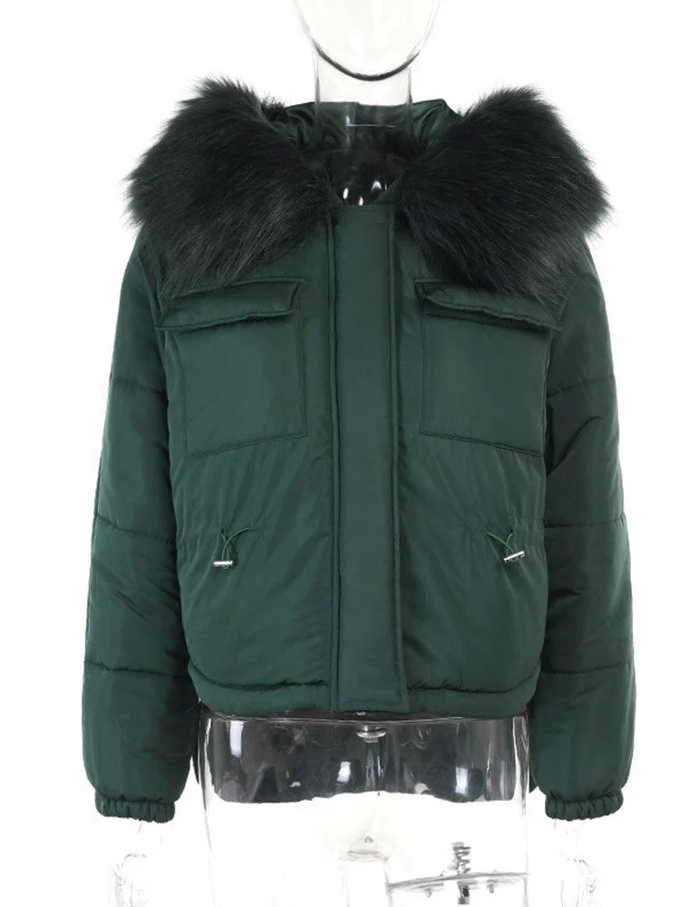 WannaThis Fur Neck Women Cotton Coat Thick Warm Hooded Long Sleeve Jacket Streetwear Daily Wear Pockets Button Outwear Parkas