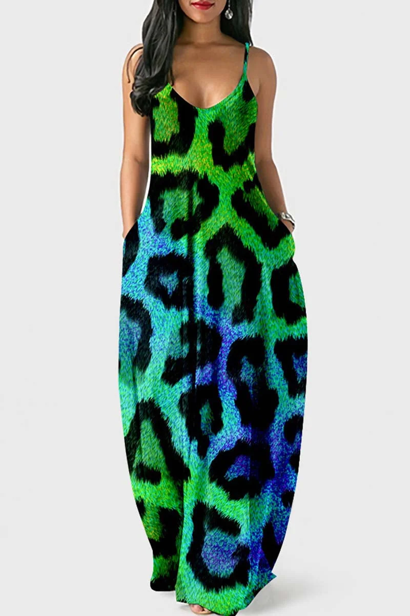 Sexy Casual Print Leopard Backless Spaghetti Strap Long Dress Dresses