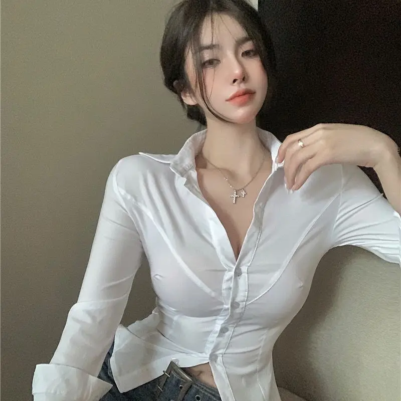 Gamesnexts Jk Long Sleeve White Shirts Women Y2k Sexy Short Length Chemise Femme Turn Down Collar Crop Tops Slim Waist Skinny Camisas